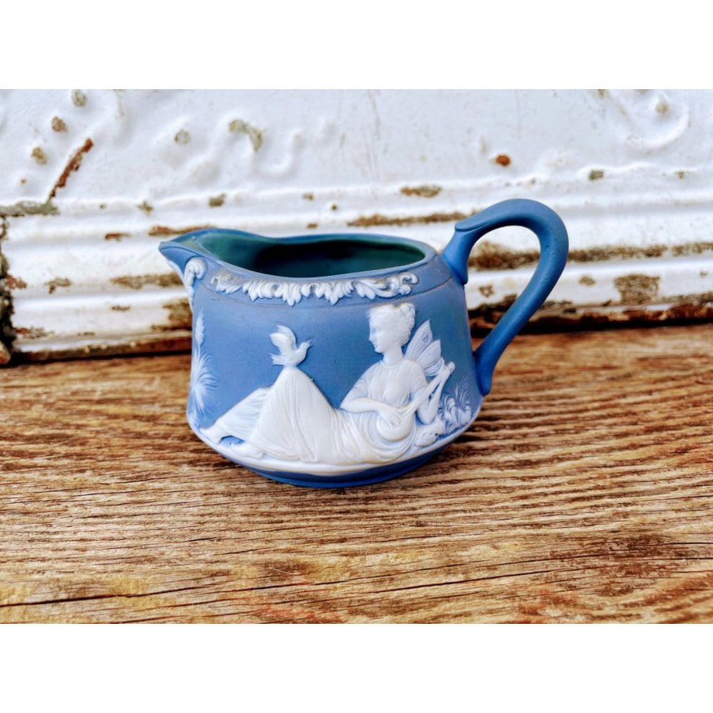 Antique Schafer Vater blue Jasperware Creamer Pitcher With Fairy Nymph - Picture 3 of 8